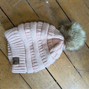 CC Cozy Blush Pink Knit w/ Faux Fir Pom-Pom Beanie